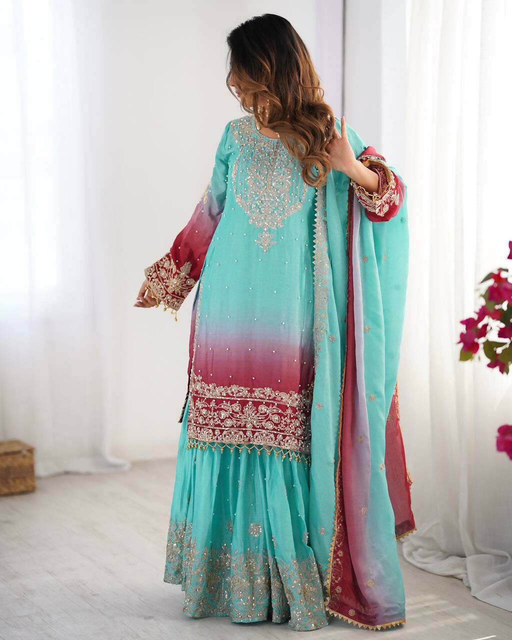 The52 Women's Beautiful Chinon silk Fabric Embroidery Work Straight Kurta Palazzo and Dupatta Set | Grocsy