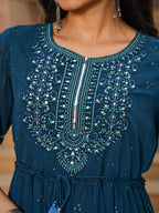 Juniper Women's The Dholitaro Blue Ethnic Motif Printed Georgette Tiered Dress With Sequins & Doris At Waist | Grocsy