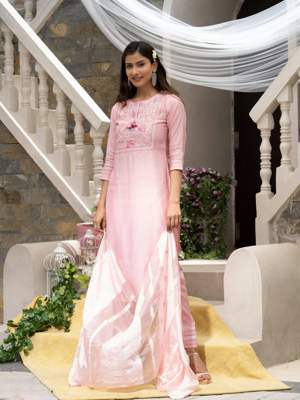 Pink Roman Silk Plain Kurta with Pant & Dupatta - Disha | Grocsy