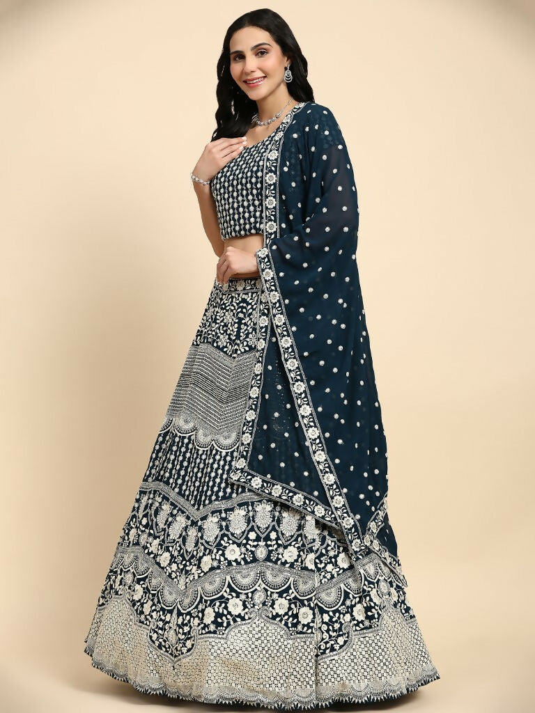 Blue Georgette Thread Embroidered Lehenga Choli with Dupatta - Tanya | Grocsy