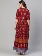 Myshka Maroon & Golden Ethnic Motifs Printed Cotton Maxi Dress | Grocsy