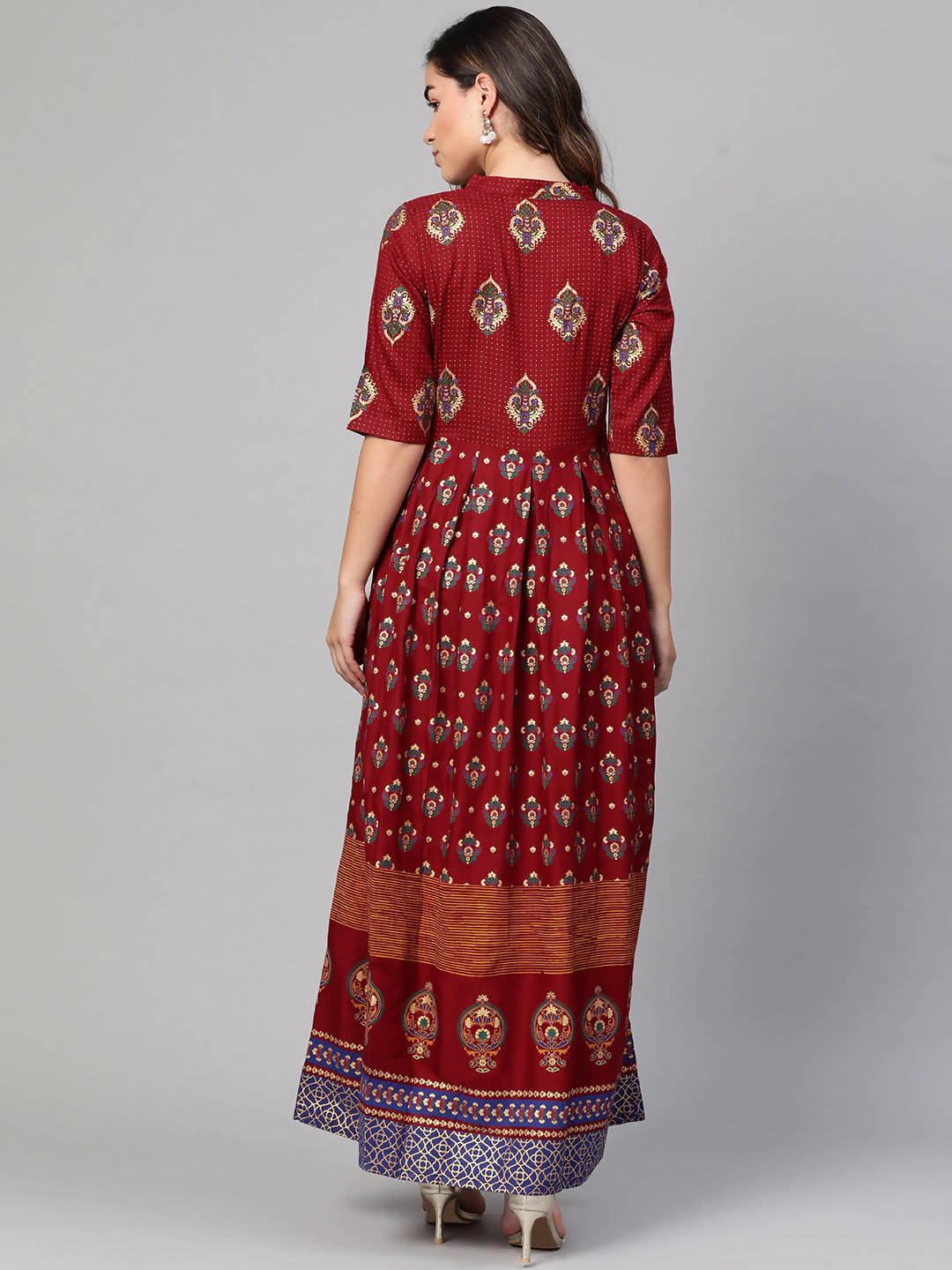 Myshka Maroon & Golden Ethnic Motifs Printed Cotton Maxi Dress | Grocsy