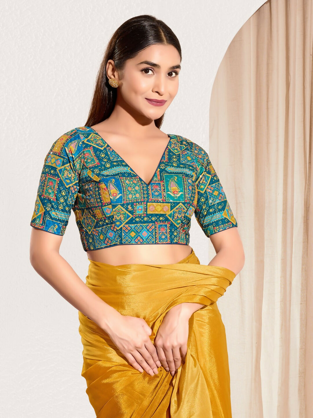 Joban Fashion Fire Blue Viscose Rayon Padded Blouse With V Neck Elbow Sleeves | Grocsy