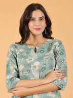 Aramya Straight Soft Cotton Floral Print Women's Kurta Set - Green | Grocsy