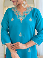 The52 Blue Women's Gorgeous Viscose Fabric Embroidered Work Straight Kurta, Pant and Dupatta Set | Grocsy