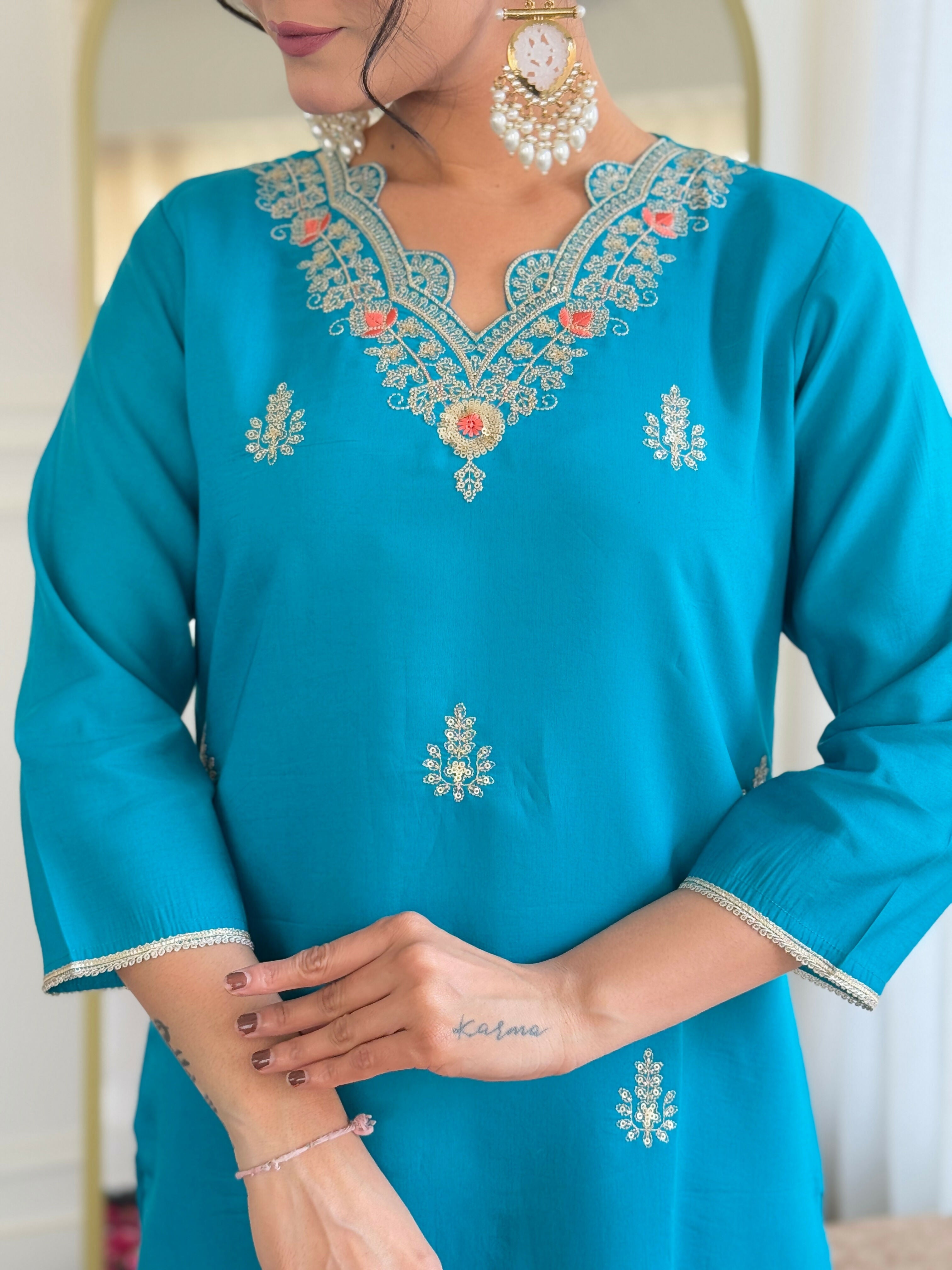 The52 Blue Women's Gorgeous Viscose Fabric Embroidered Work Straight Kurta, Pant and Dupatta Set | Grocsy