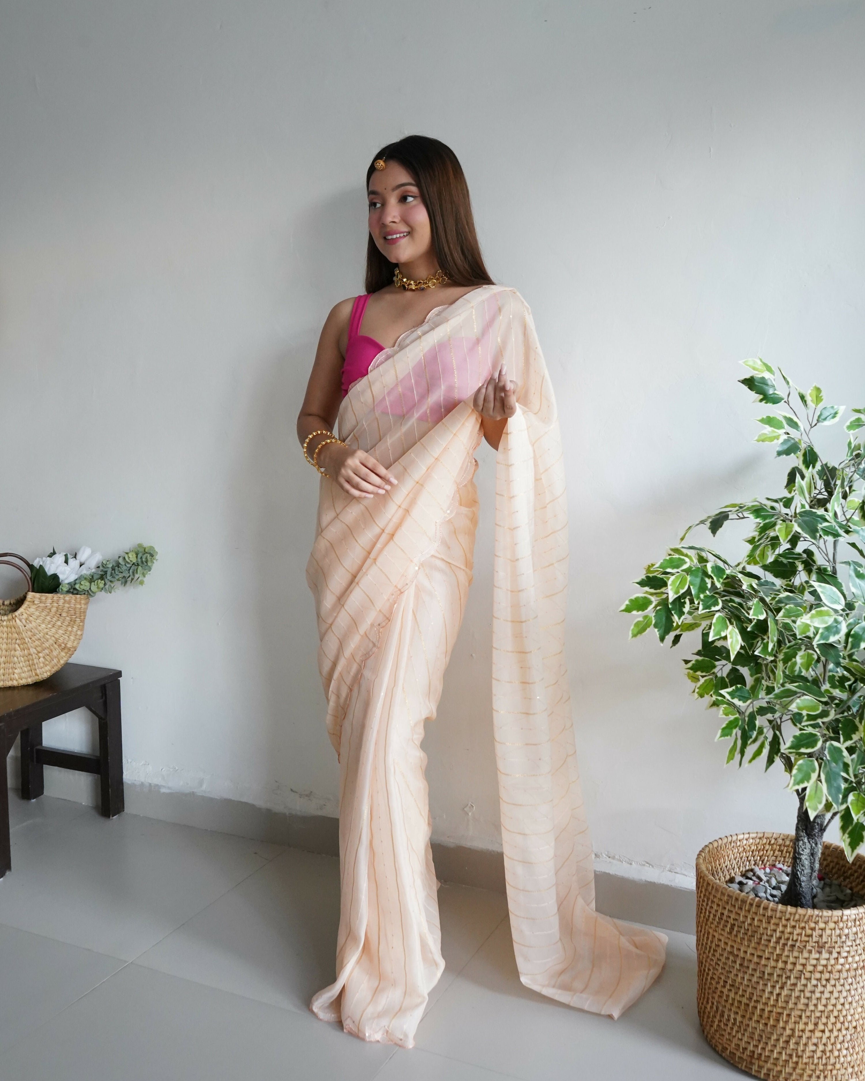 Vamsee Lining Organza Peach Chiffon Saree | Grocsy