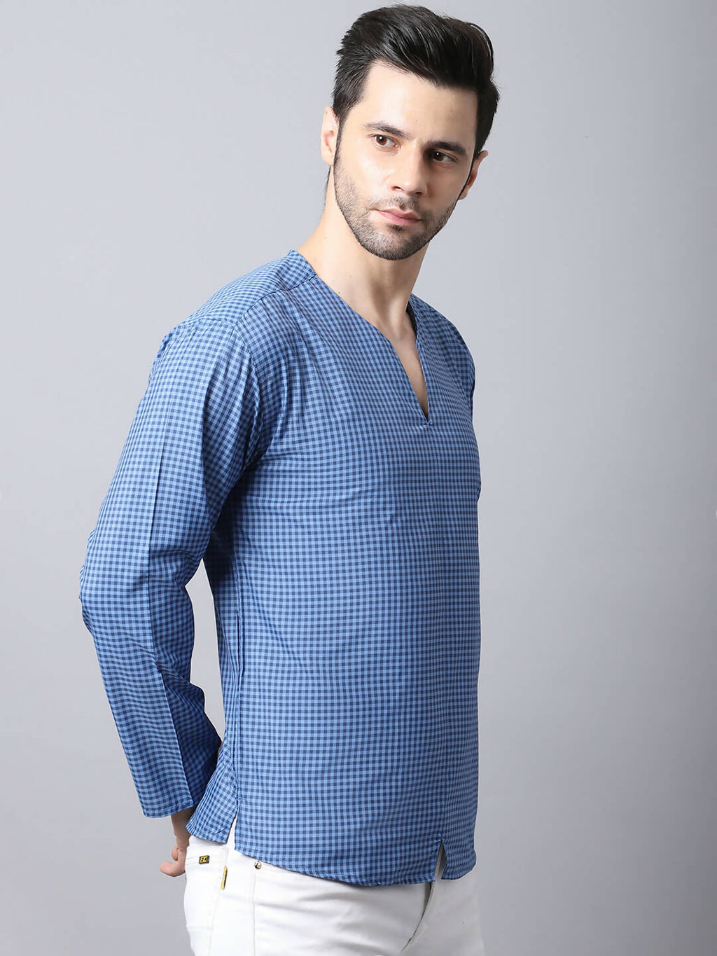 Even Apparels Blue Checked Men's Kurta With Band Collar | Grocsy