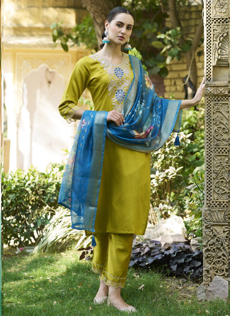 Vegaa Fashion Dark Yellow Viscose Rayon Embroidered Salwar Suit | Grocsy
