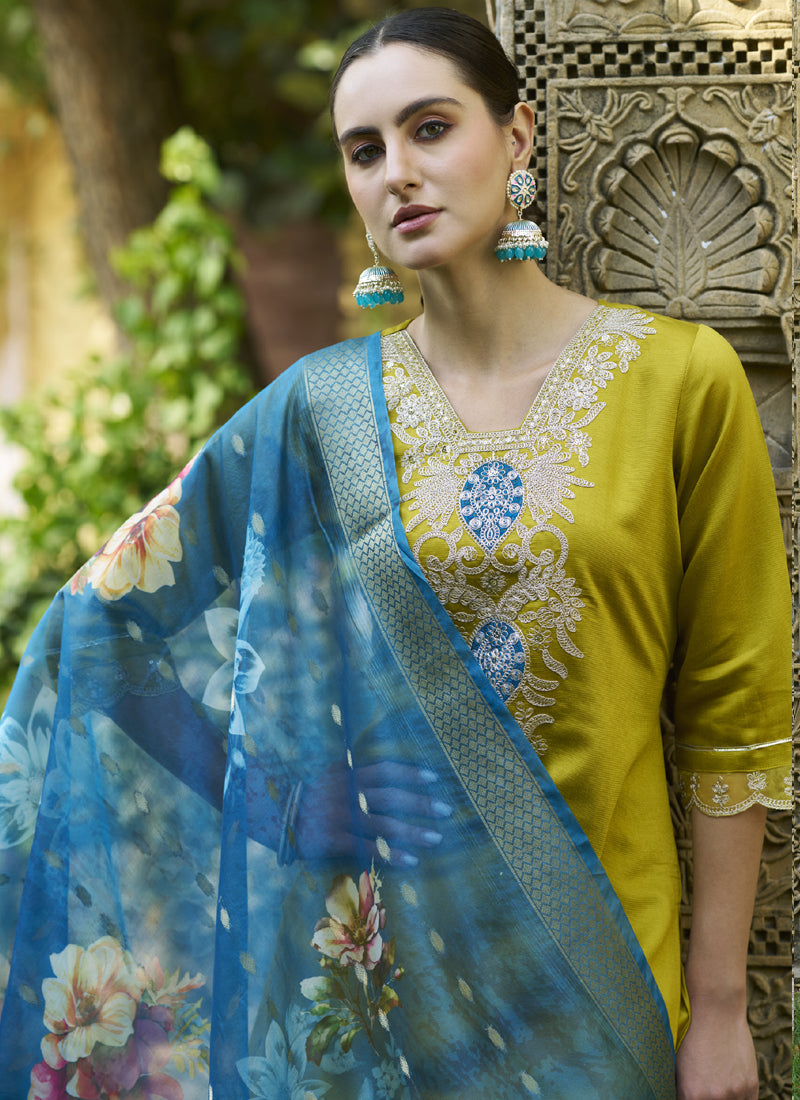Vegaa Fashion Dark Yellow Viscose Rayon Embroidered Salwar Suit | Grocsy