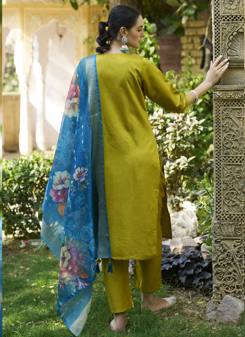 Vegaa Fashion Dark Yellow Viscose Rayon Embroidered Salwar Suit | Grocsy