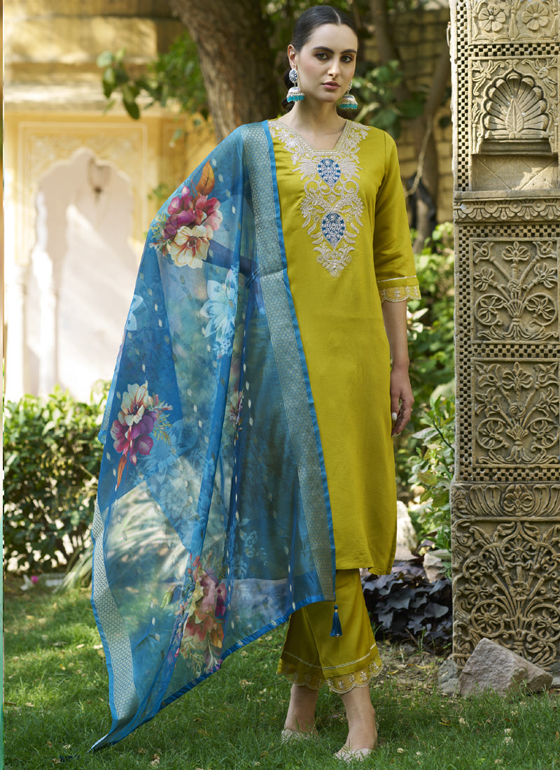 Vegaa Fashion Dark Yellow Viscose Rayon Embroidered Salwar Suit | Grocsy