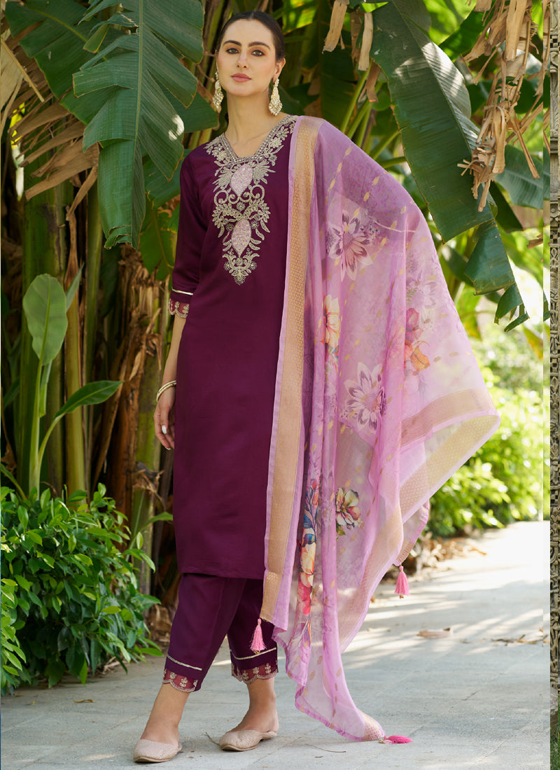 Vegaa Fashion Wine Viscose Rayon Embroidered Salwar Suit | Grocsy