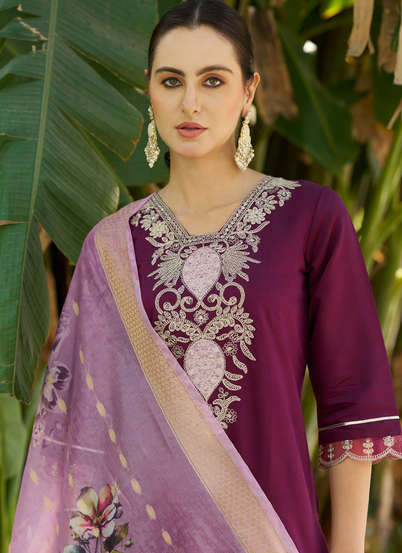 Vegaa Fashion Wine Viscose Rayon Embroidered Salwar Suit | Grocsy