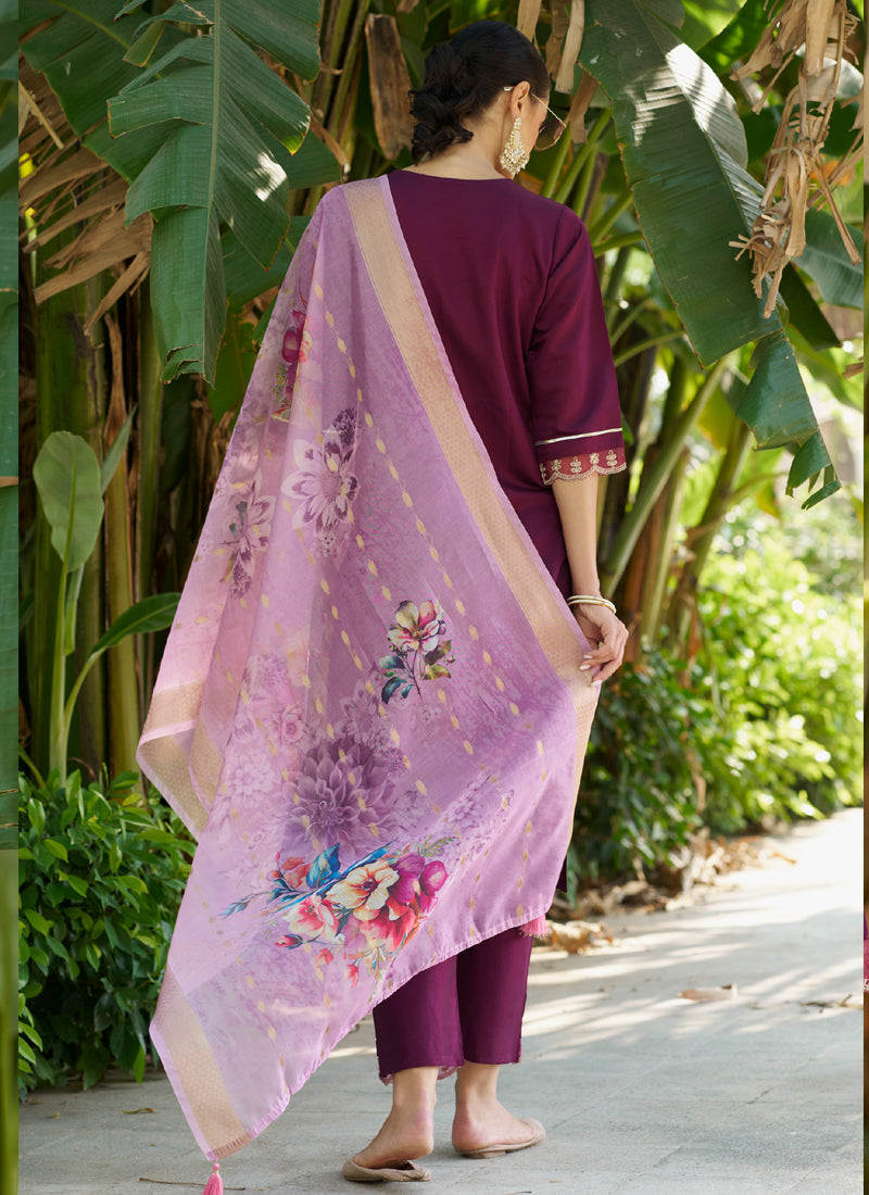 Vegaa Fashion Wine Viscose Rayon Embroidered Salwar Suit | Grocsy