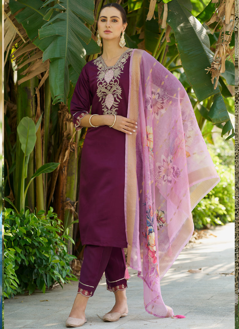 Vegaa Fashion Wine Viscose Rayon Embroidered Salwar Suit | Grocsy