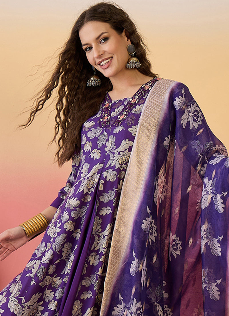Vegaa Fashion Violet Roman Silk Embroidered Palazzo Suit | Grocsy