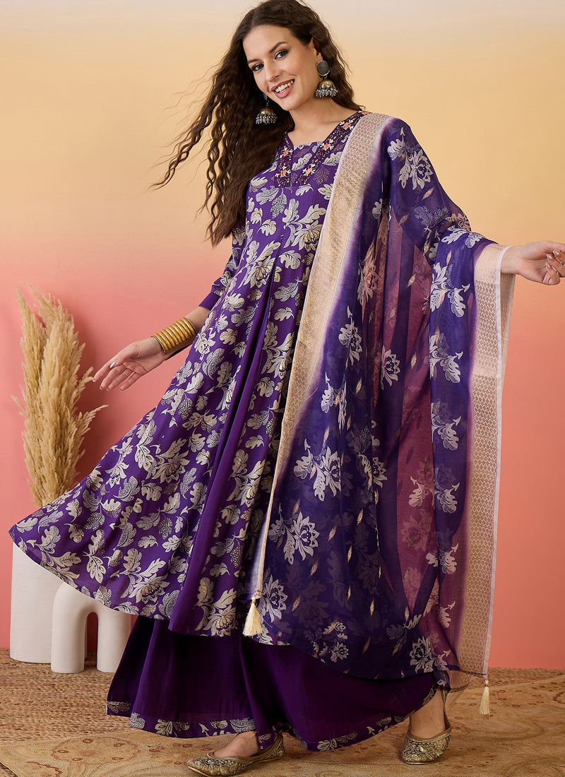 Vegaa Fashion Violet Roman Silk Embroidered Palazzo Suit | Grocsy