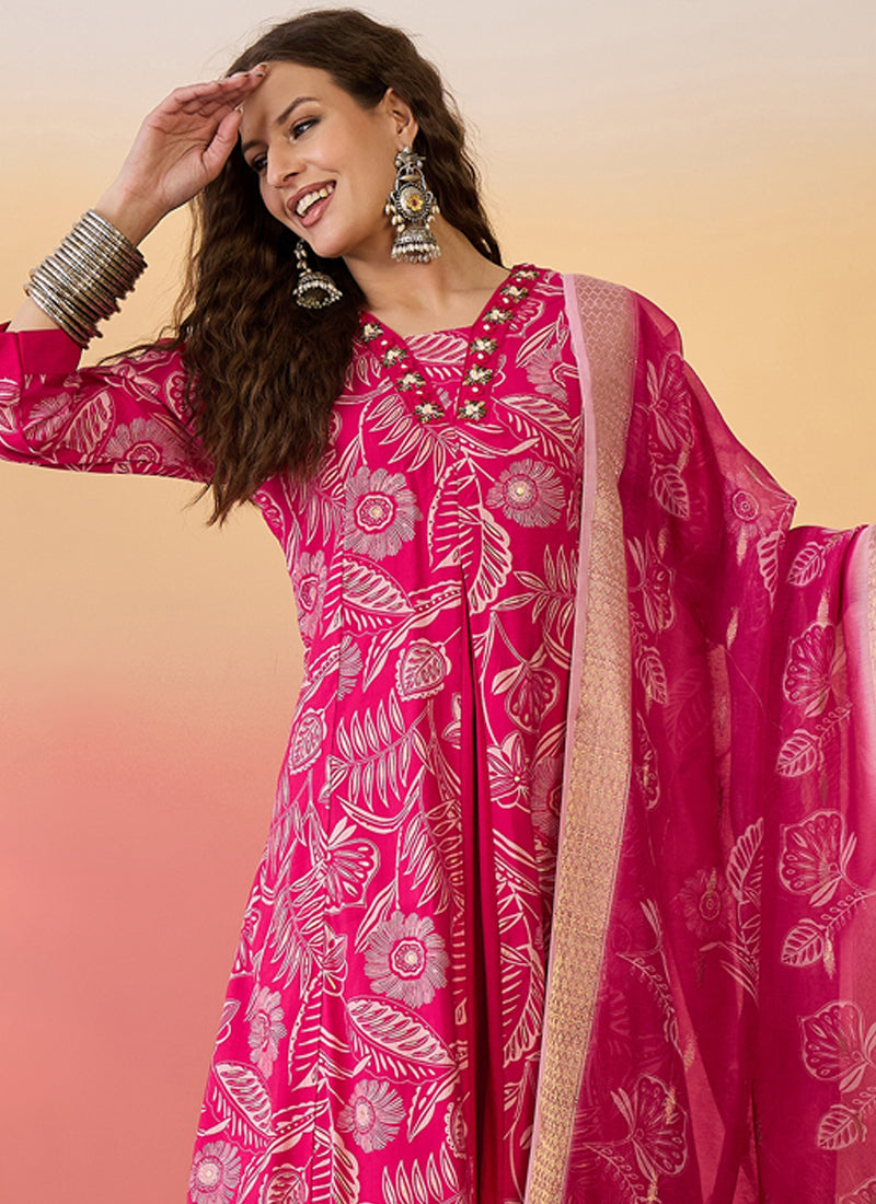 Vegaa Fashion Rani Pink Roman Silk Embroidered Palazzo Suit | Grocsy