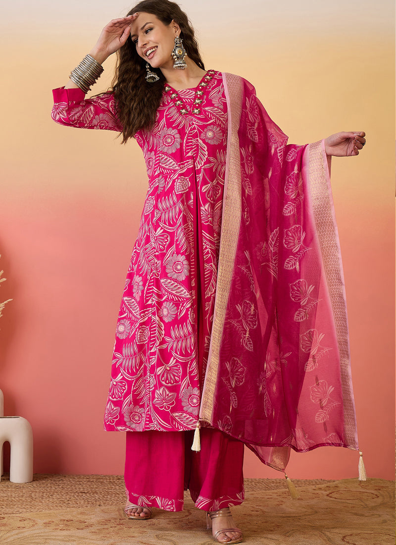 Vegaa Fashion Rani Pink Roman Silk Embroidered Palazzo Suit | Grocsy