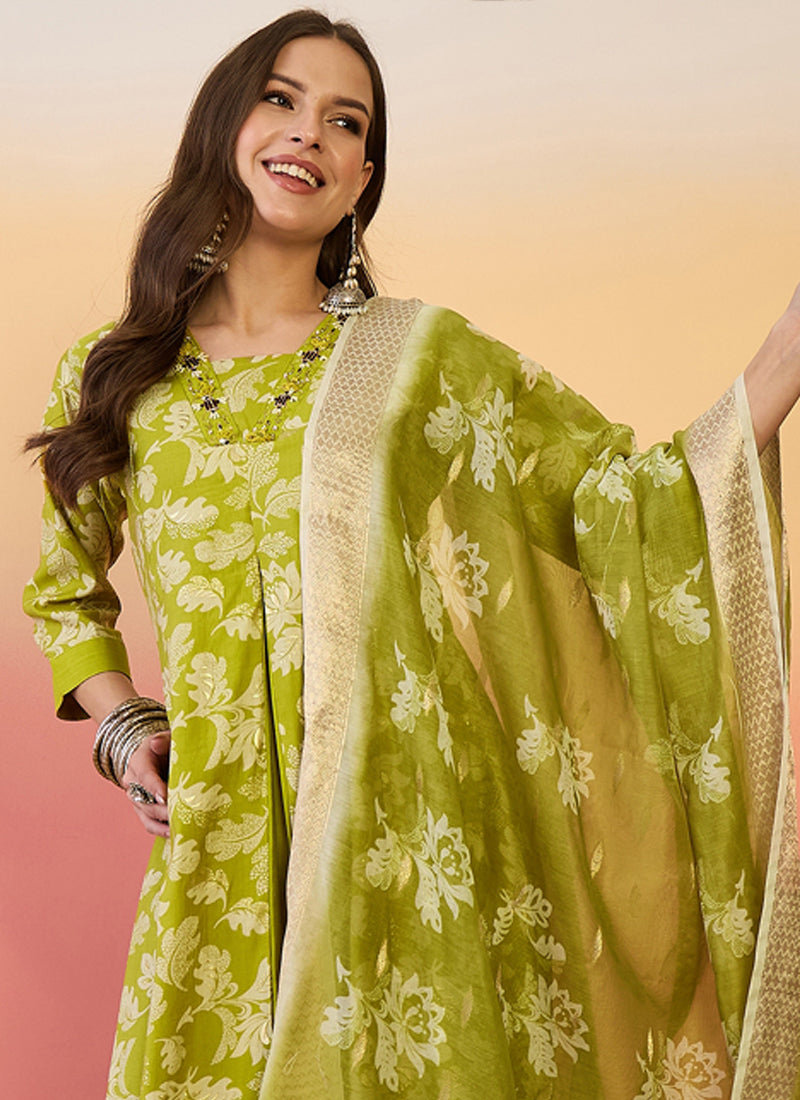 Vegaa Fashion Parrot Green Roman Silk Embroidered Palazzo Suit | Grocsy