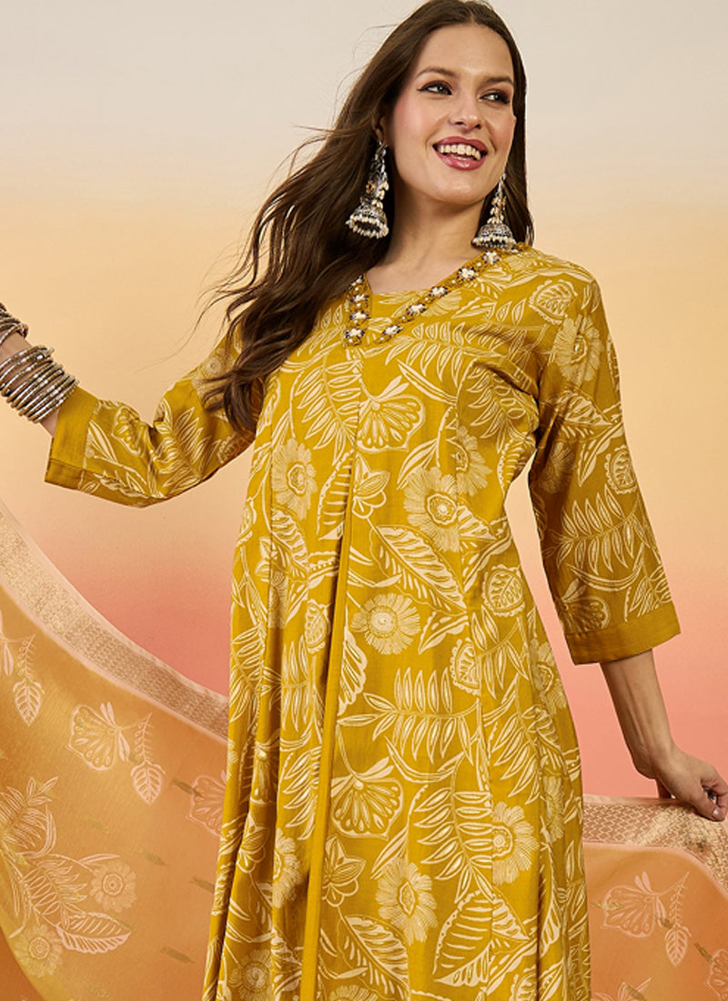 Vegaa Fashion Yellow Roman Silk Embroidered Palazzo Suit | Grocsy