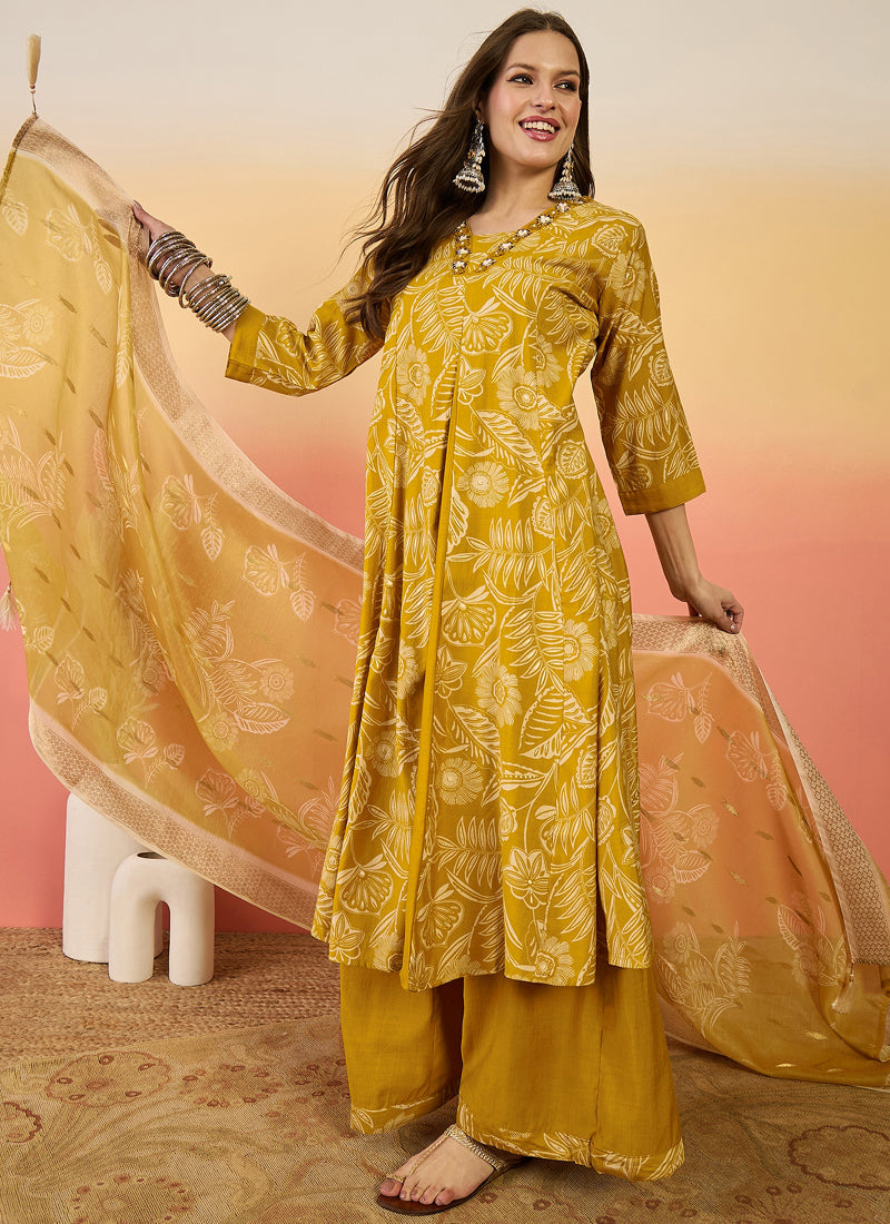 Vegaa Fashion Yellow Roman Silk Embroidered Palazzo Suit | Grocsy
