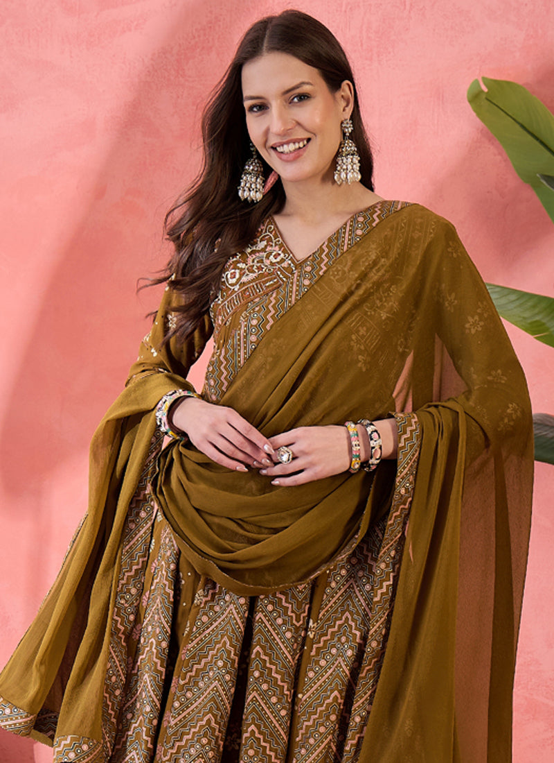 Vegaa Fashion Mustard Roman Silk Embroidered Palazzo Suit | Grocsy