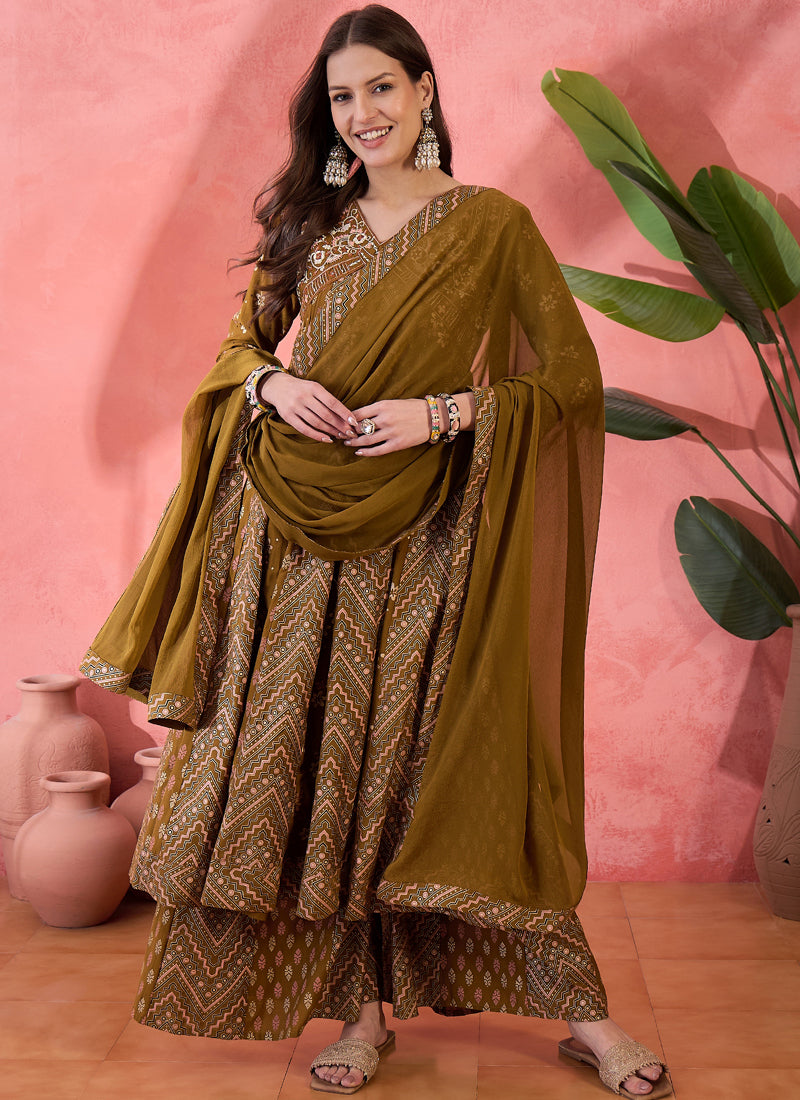 Vegaa Fashion Mustard Roman Silk Embroidered Palazzo Suit | Grocsy