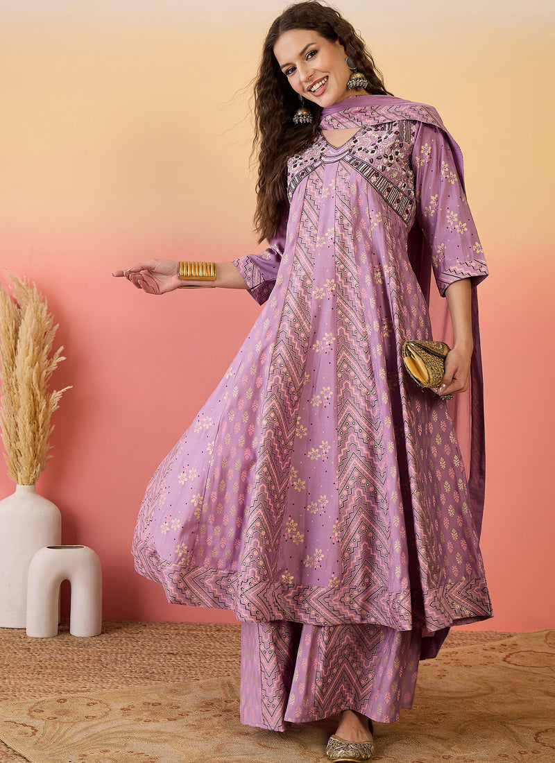Vegaa Fashion Onion Pink Roman Silk Embroidered Palazzo Suit | Grocsy