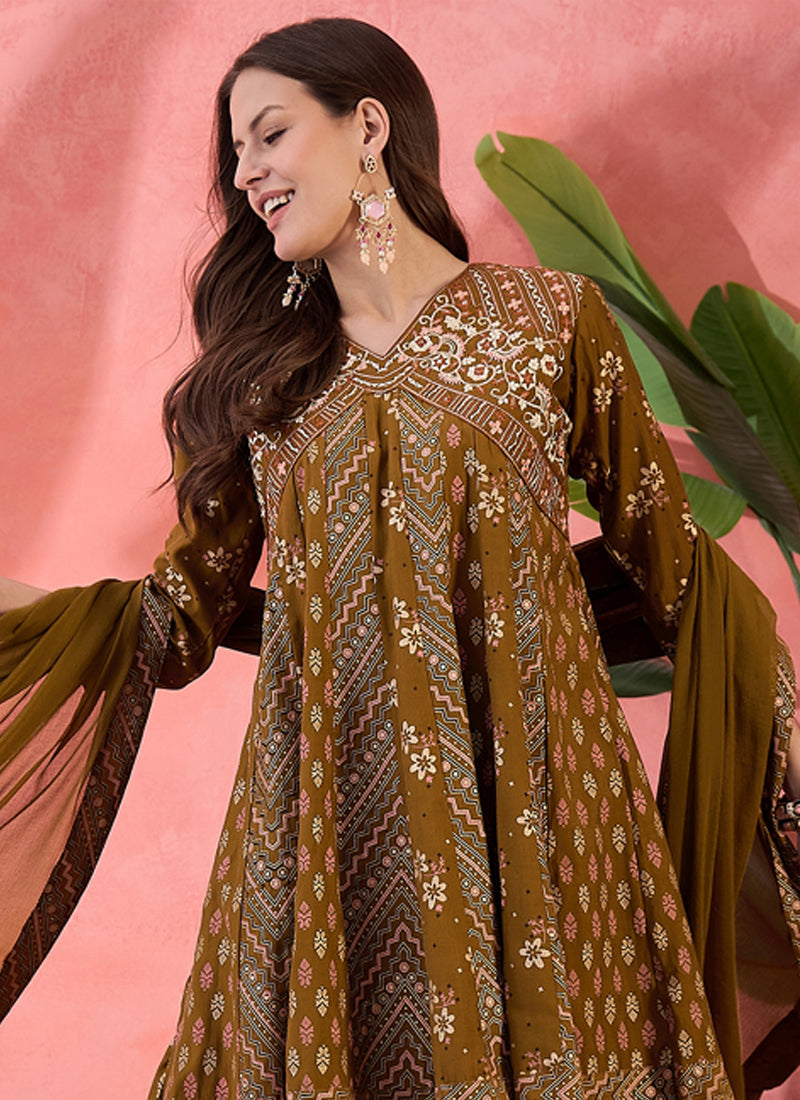 Vegaa Fashion Mustard Roman Silk Embroidered Palazzo Suit | Grocsy