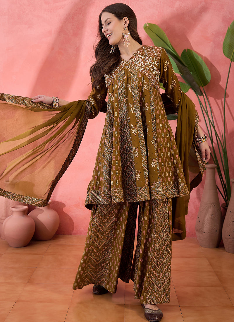 Vegaa Fashion Mustard Roman Silk Embroidered Palazzo Suit | Grocsy
