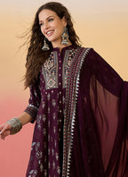 Vegaa Fashion Wine Roman Silk Embroidered Palazzo Suit | Grocsy