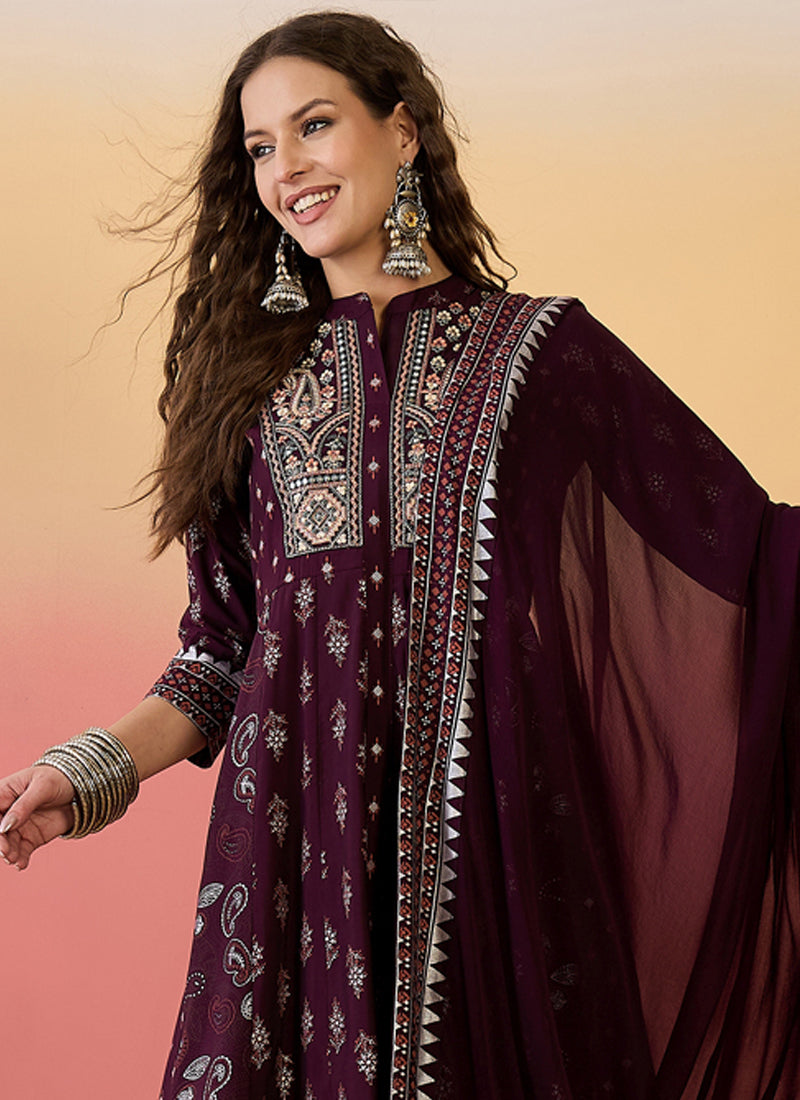 Vegaa Fashion Wine Roman Silk Embroidered Palazzo Suit | Grocsy