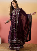 Vegaa Fashion Wine Roman Silk Embroidered Palazzo Suit | Grocsy