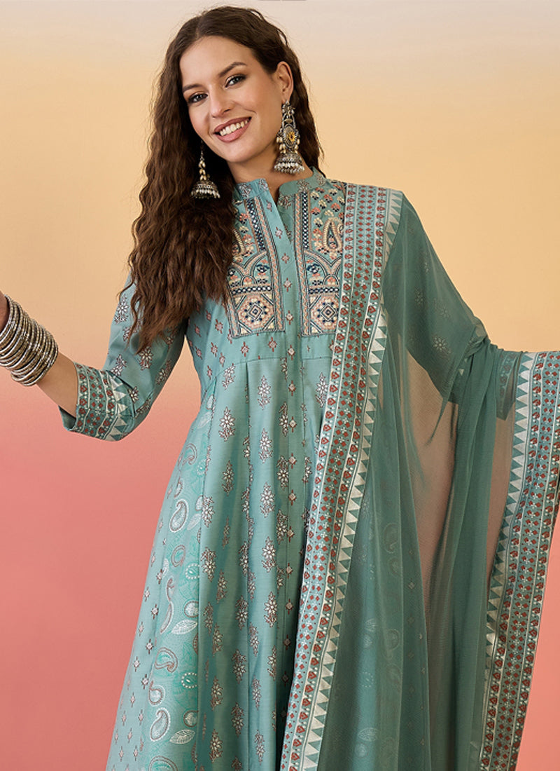 Vegaa Fashion Light Teal Green Roman Silk Embroidered Palazzo Suit | Grocsy