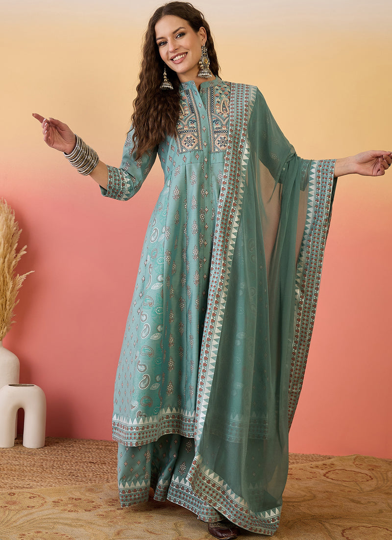 Vegaa Fashion Light Teal Green Roman Silk Embroidered Palazzo Suit | Grocsy