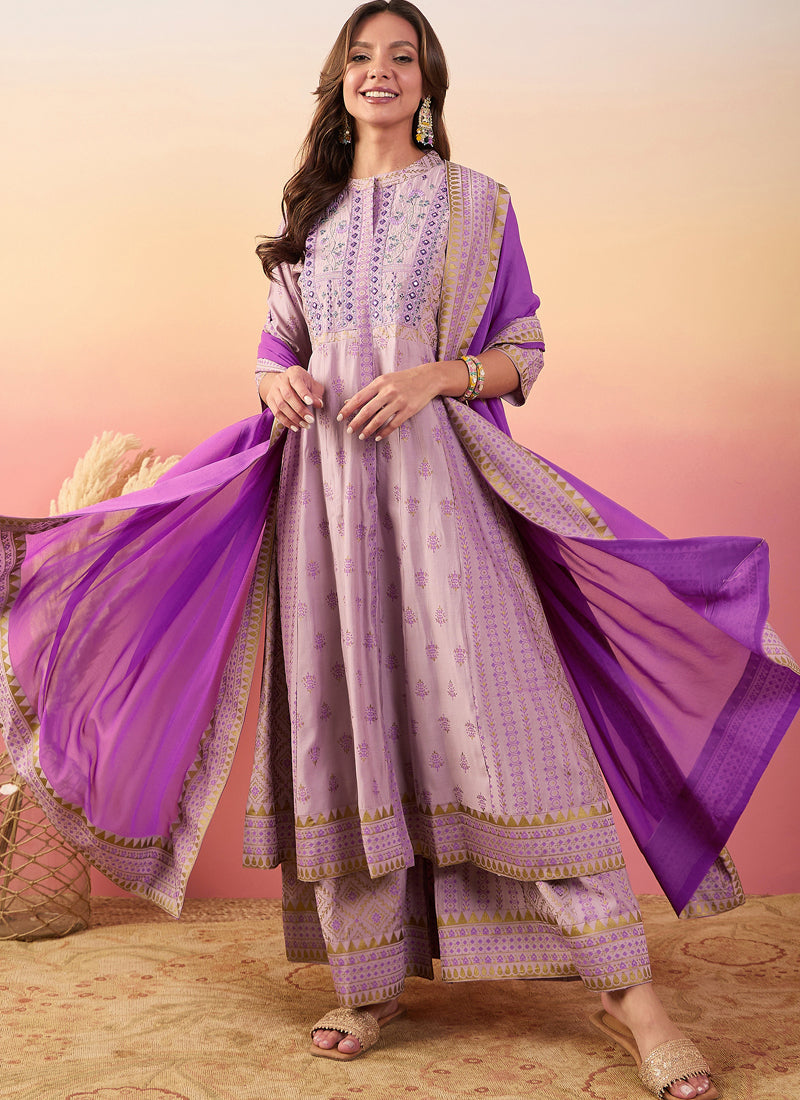 Vegaa Fashion Baby Pink Roman Silk Embroidered Palazzo Suit | Grocsy