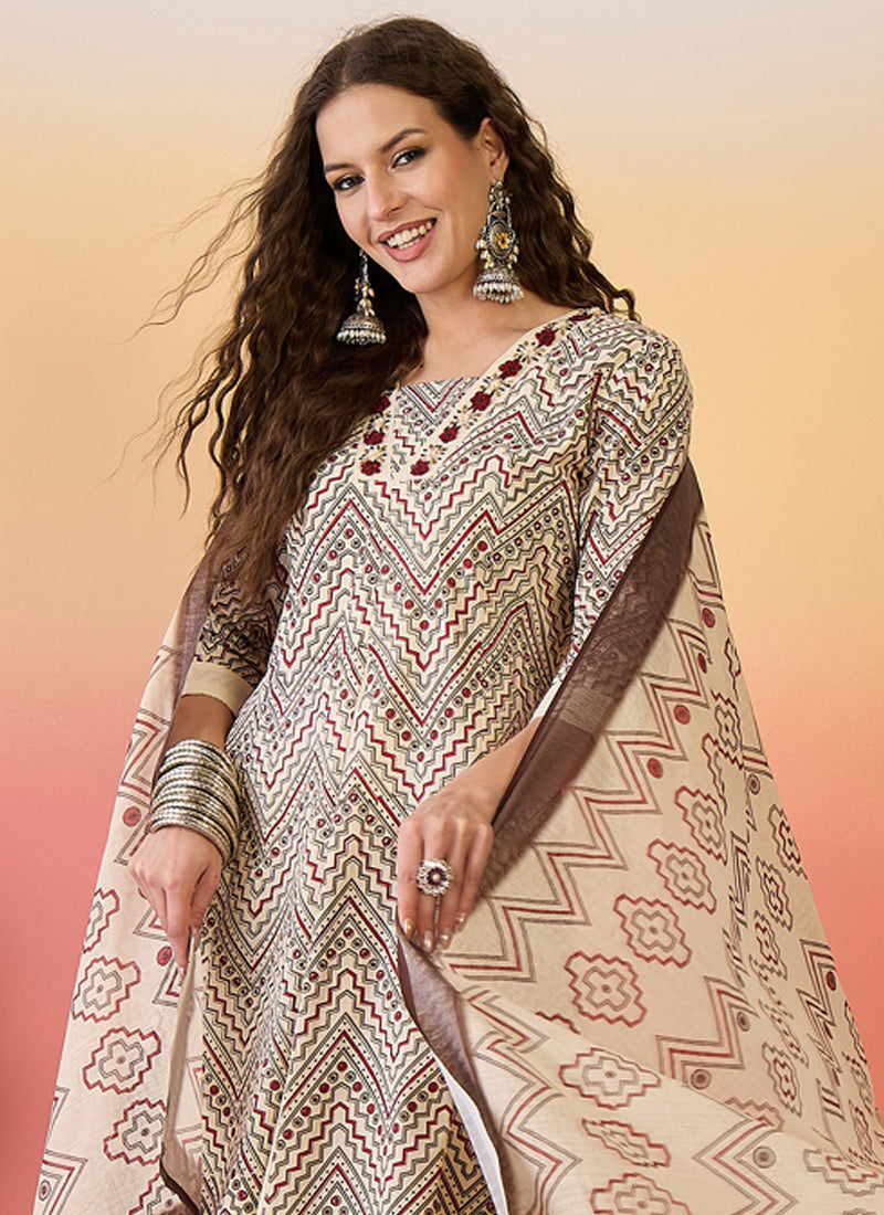 Vegaa Fashion Cream Roman Silk Embroidered Palazzo Suit | Grocsy