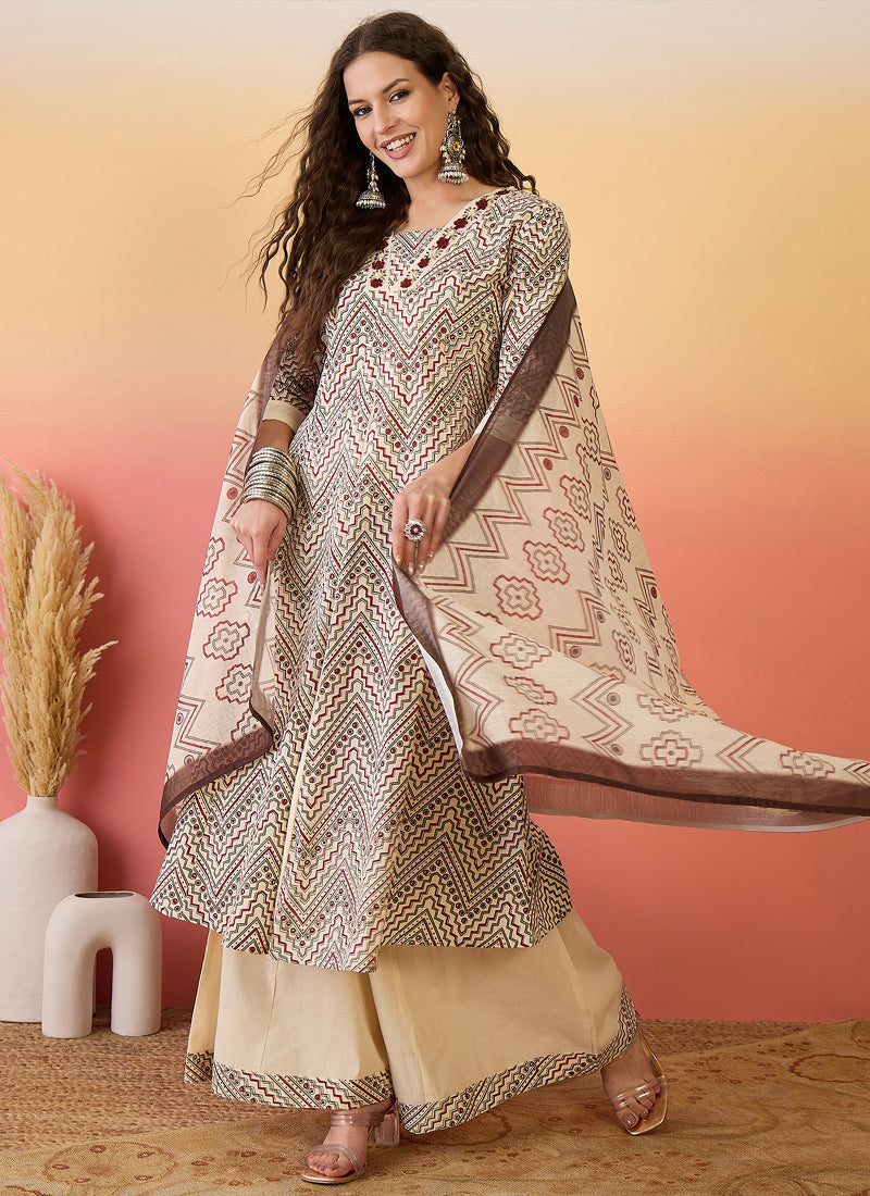 Vegaa Fashion Cream Roman Silk Embroidered Palazzo Suit | Grocsy