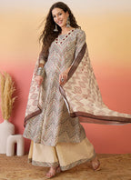 Vegaa Fashion Cream Roman Silk Embroidered Palazzo Suit | Grocsy