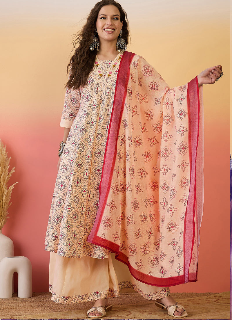 Vegaa Fashion Cream Roman Silk Embroidered Palazzo Suit | Grocsy