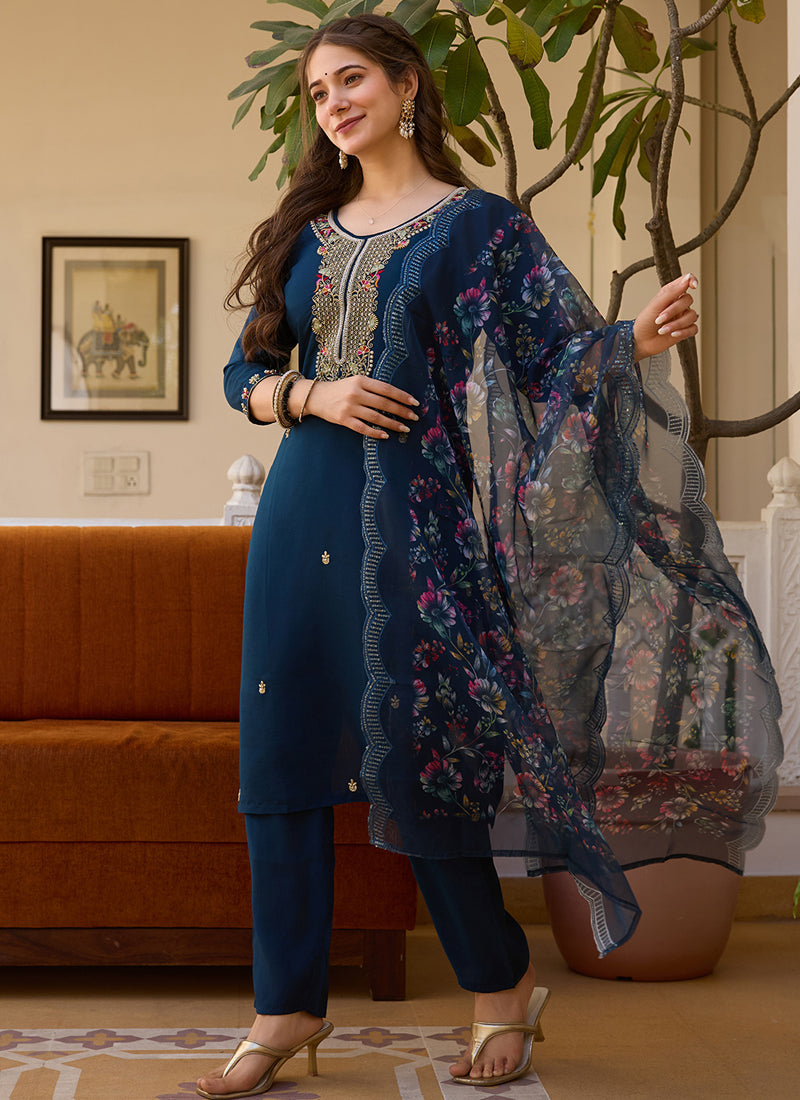 Vegaa Fashion Navy Blue Viscose Silk Beads Work Desginer Suit | Grocsy