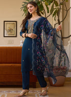 Vegaa Fashion Navy Blue Viscose Silk Beads Work Desginer Suit | Grocsy