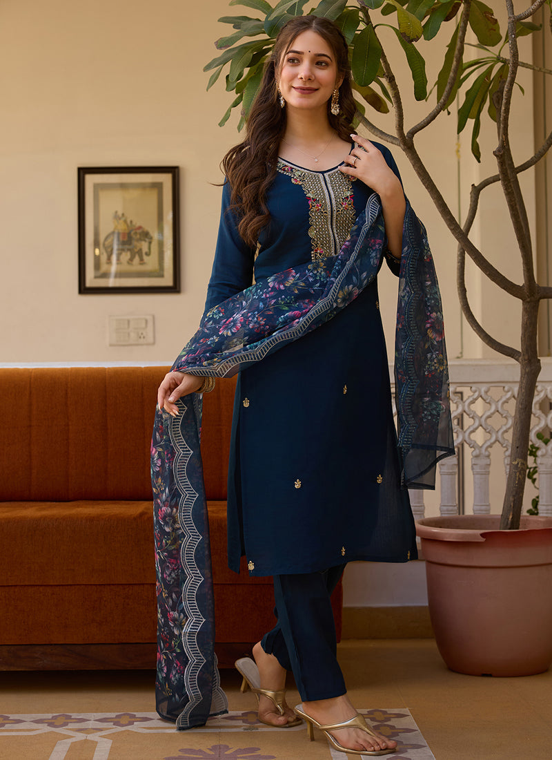 Vegaa Fashion Navy Blue Viscose Silk Beads Work Desginer Suit | Grocsy
