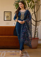 Vegaa Fashion Navy Blue Viscose Silk Beads Work Desginer Suit | Grocsy