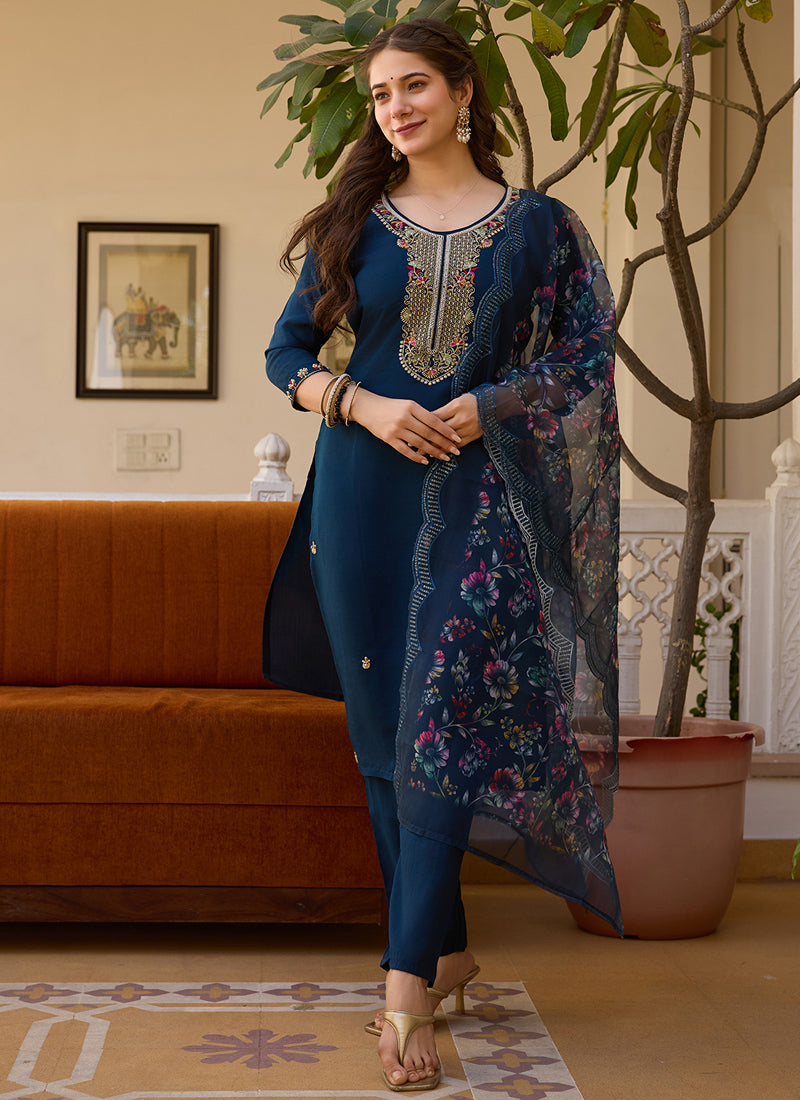 Vegaa Fashion Navy Blue Viscose Silk Beads Work Desginer Suit | Grocsy