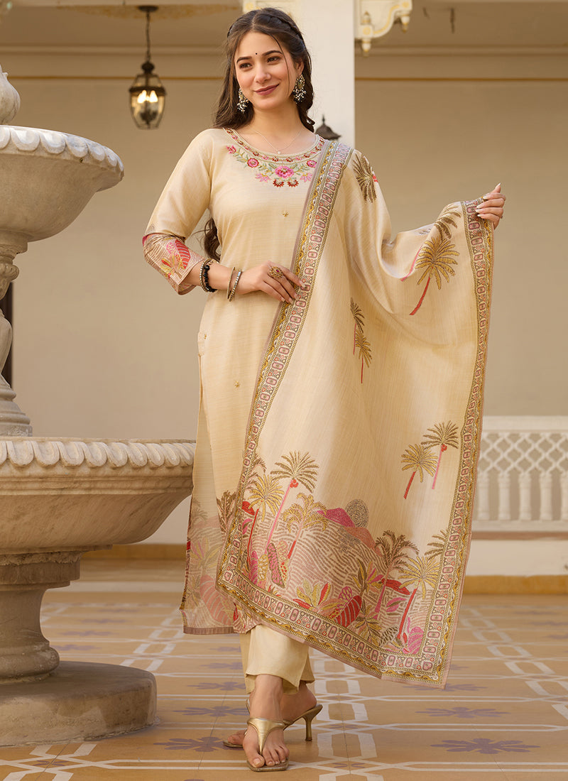 Vegaa Fashion Cream Viscose Silk Beads Work Desginer Suit | Grocsy