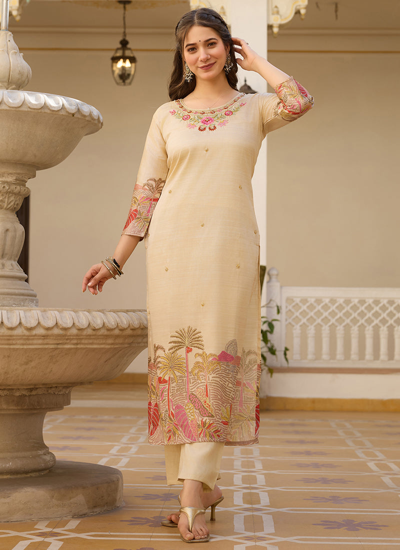 Vegaa Fashion Cream Viscose Silk Beads Work Desginer Suit | Grocsy