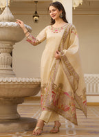 Vegaa Fashion Cream Viscose Silk Beads Work Desginer Suit | Grocsy
